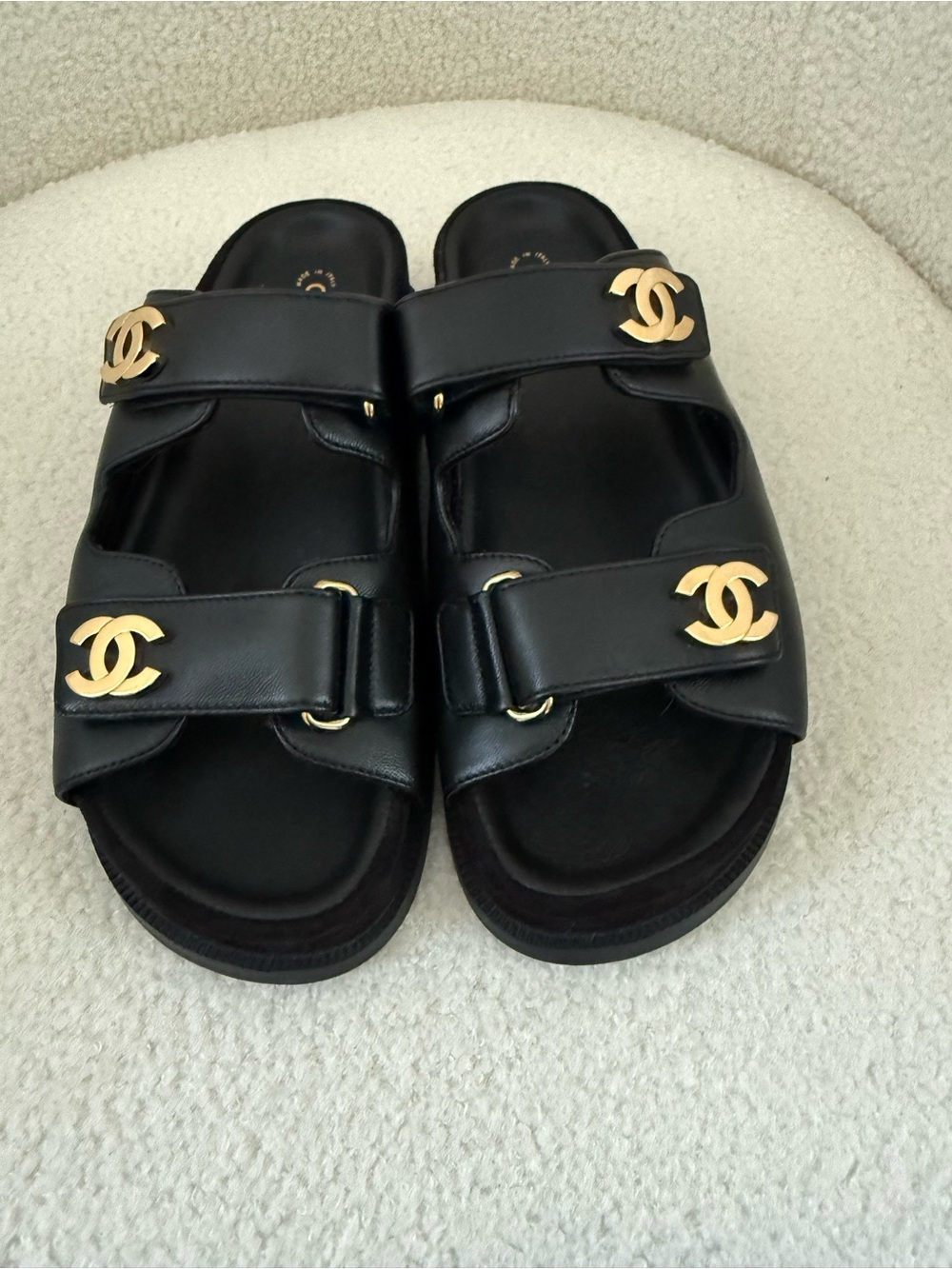 CHANEL Black Leather Double-Strap Slide Sandals with Gold CC Logos